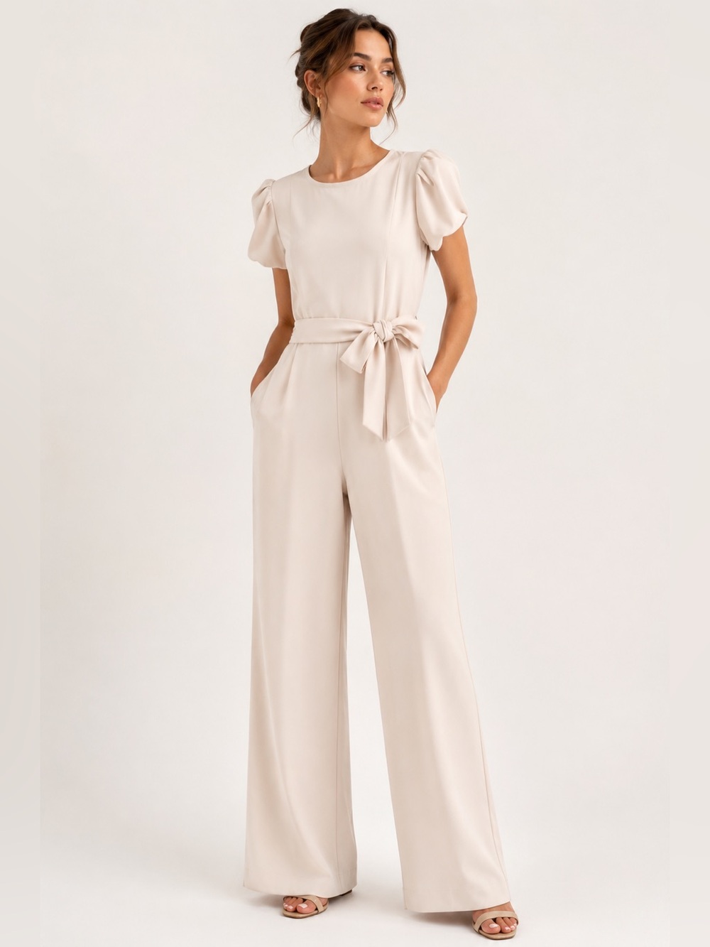 Calvin Klein Cream Puff Sleeve Belted Jumpsuit Size 14 Quiet Luxury